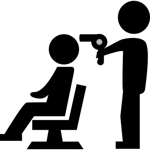 peluquero secando el cabello de un cliente sentado en una silla frente a él  icono