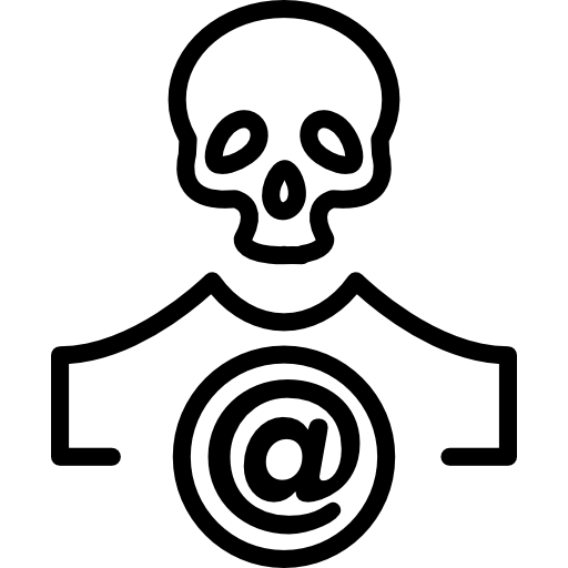 Skull outline with arroba sign in a circle  icon