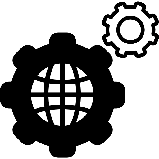 World grid with cogwheels inside a circle  icon