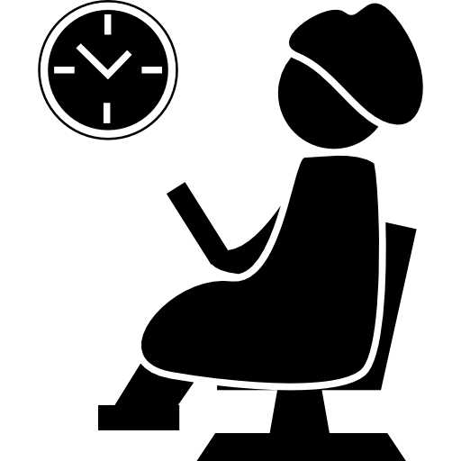 kobieta siedząca i czekająca na krześle w salonie fryzjerskim, obserwująca zegar ścienny  ikona