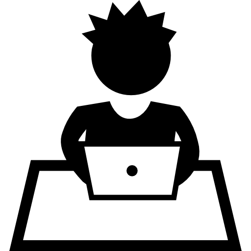 ragazzo studente seduto a studiare con un computer su un tavolo  icona
