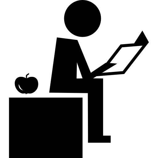 Teacher reading sitting on his desktop with an apple on his right  icon