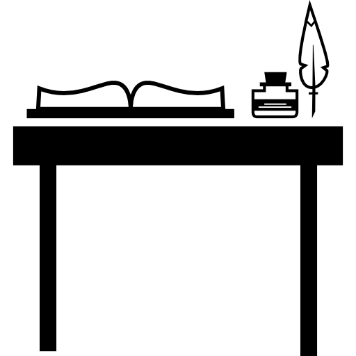 stół szkolny z otwartą butelką z atramentem i piórem do pisania  ikona