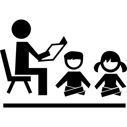 professor sentado em uma cadeira lendo para crianças de alunos sentados no chão à sua frente  Ícone