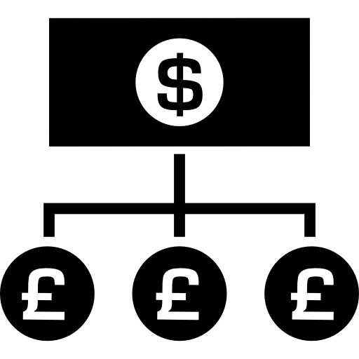 rachunek pieniężny dolara z linią w dół do monet funtów  ikona