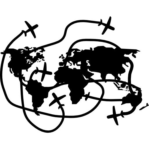 mapa de continentes terrestres con aviones voladores.  icono