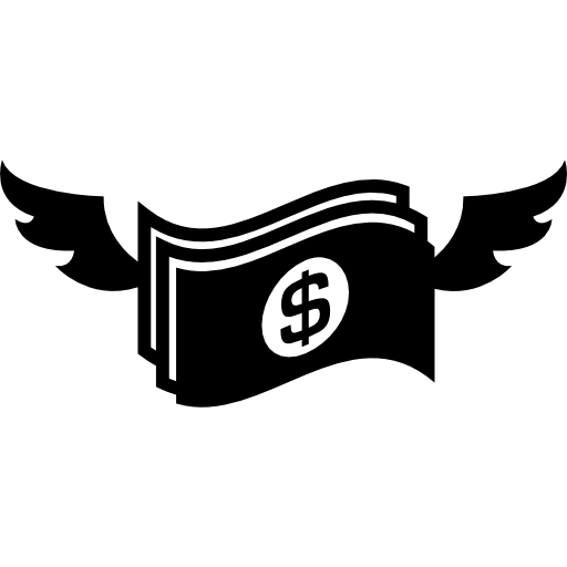 dólares dinero facturas papel con alas  icono