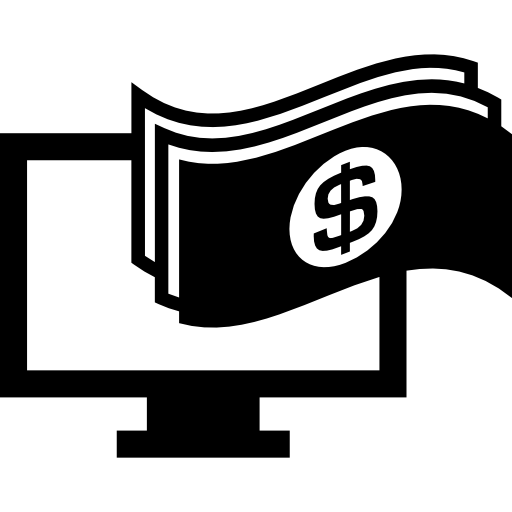 dólares, dinero, papeles y un monitor de computadora.  icono