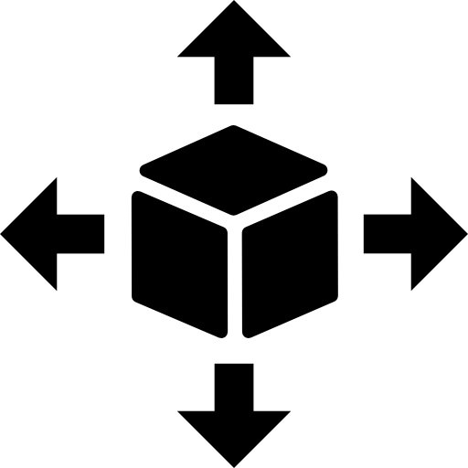 Доставка коробки-кубика с четырьмя стрелками в разные стороны  иконка