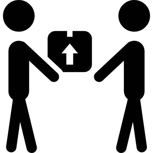 Работник доставки, дающий коробку получателю  иконка
