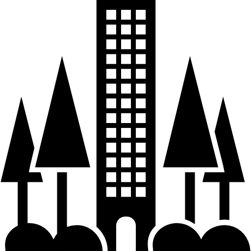 edificio a torre della città circondato da alberi Basic Straight Filled icona