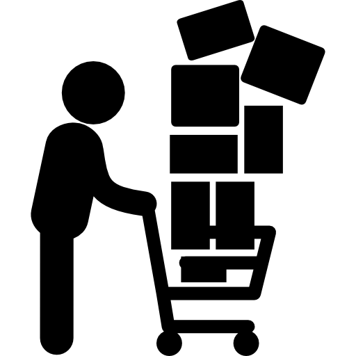 hombre con cajas apiladas en carrito de compras  icono