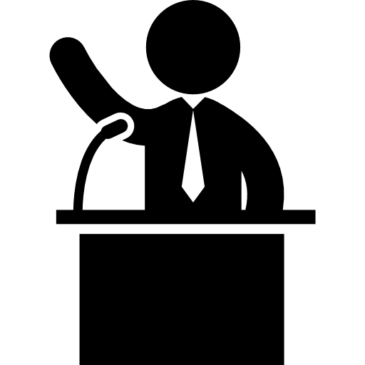 homem falando na apresentação de negócios atrás de um pódio com um microfone  Ícone