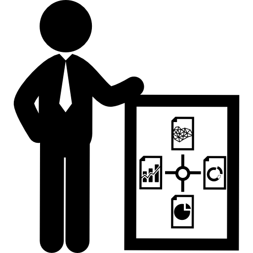 uomo d'affari in piedi con grafica su una tavola  icona