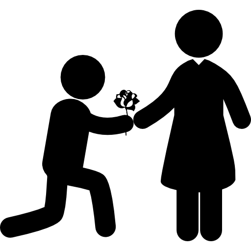 hombre dando una flor a su novia como símbolo de amor en una postura romántica sobre su rodilla  icono
