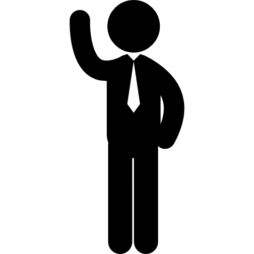 Standing business man with tie and right arm raised  icon