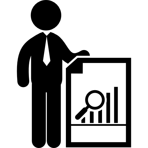 Businessman showing stats graphic  icon