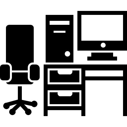 escritorio de estudio con mesa, silla, torre de computadora y monitor  icono