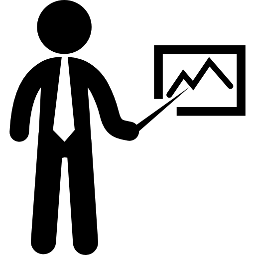 uomo d'affari che punta un grafico delle statistiche  icona