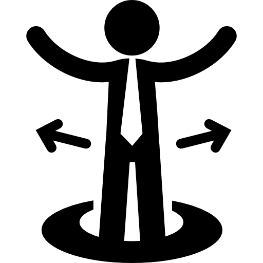 Бизнесмен, стоящий на круге со стрелками, указывающими в обе стороны  иконка