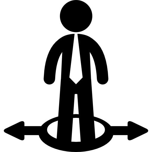 uomo d'affari in piedi su un cerchio con due possibili opzioni tra cui scegliere  icona