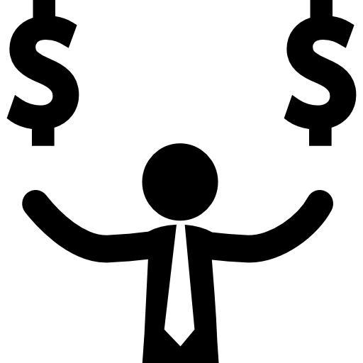 hombre de negocios con signos de dólares en sus manos  icono