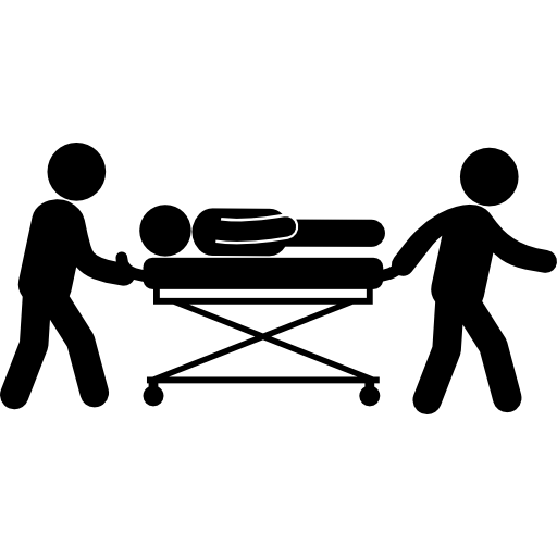 verletzte person auf einem bett liegend und medizinische assistenten, die es tragen Pictograms Fill icon