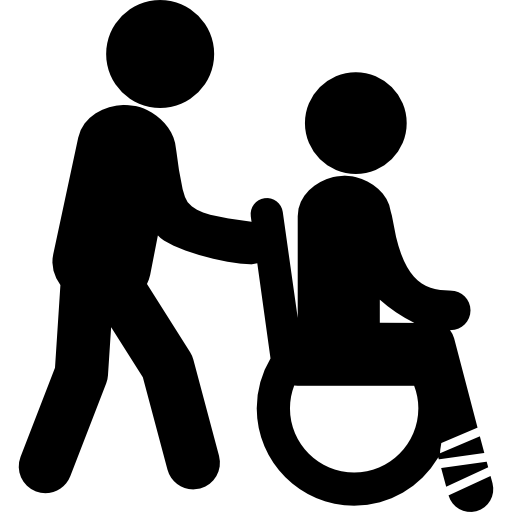 uomo che spinge una sedia a rotelle con una persona seduta su di essa con una gamba ferita Pictograms Fill icona