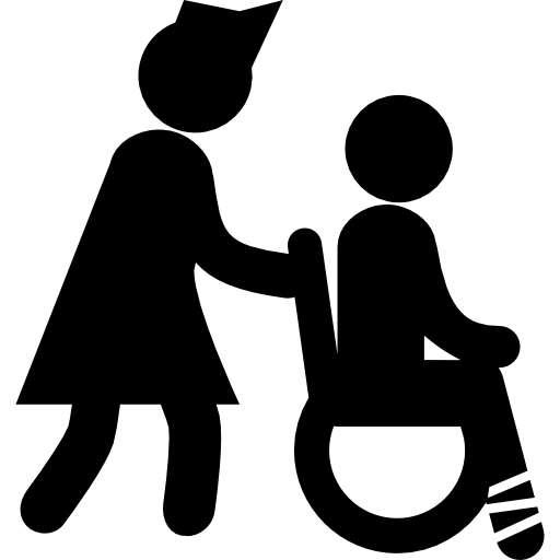 Nurse behind a wheels chair carrying a child with broken leg Pictograms Fill icon