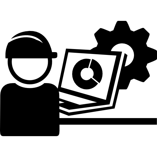 trabalhador da indústria com proteção de tampa e um laptop Basic Straight Filled Ícone