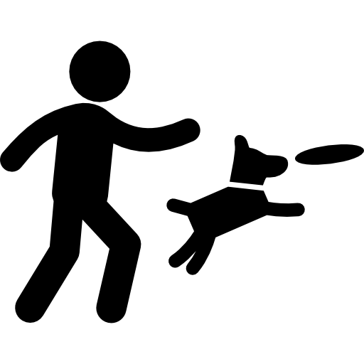 ディスクを投げる男性とそれをキャッチするためにジャンプする犬  icon