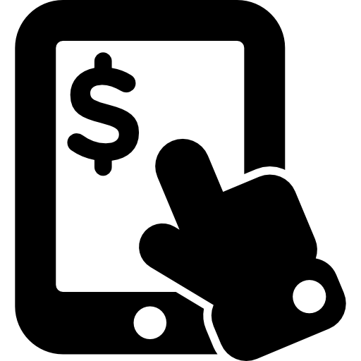 mano apuntando al signo de dólar en el dispositivo de tableta  icono